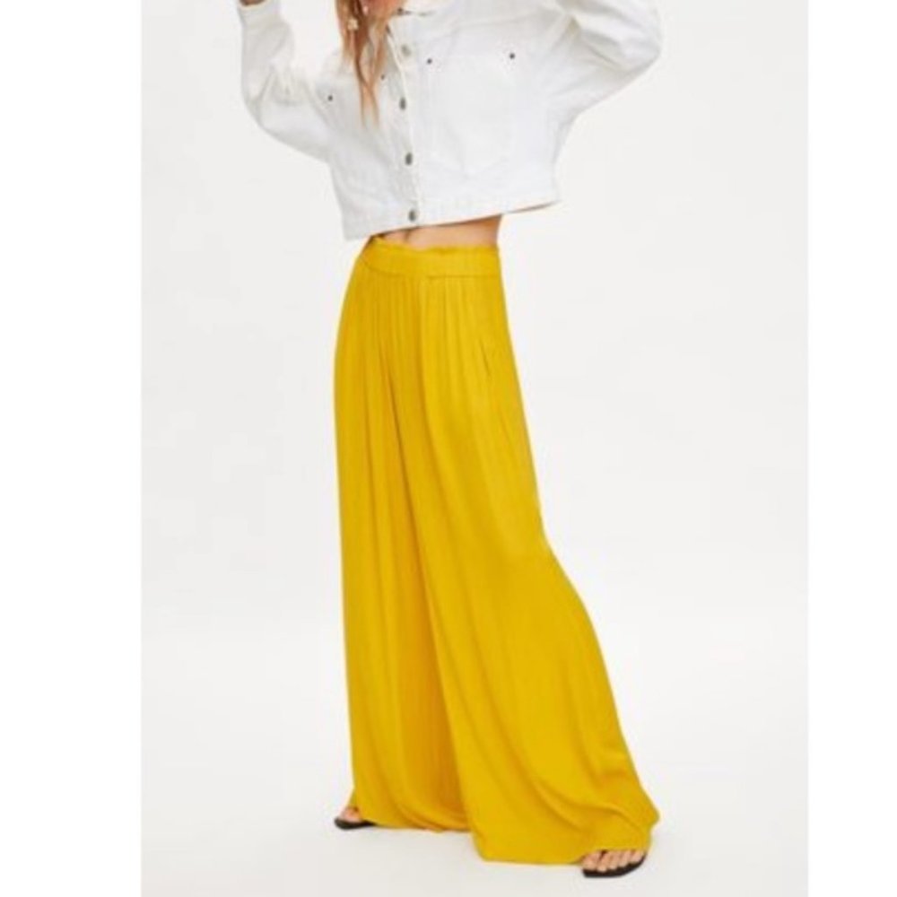 ZARA Wide Leg Mustard Yellow Flowy Palazzo Trouser Pants